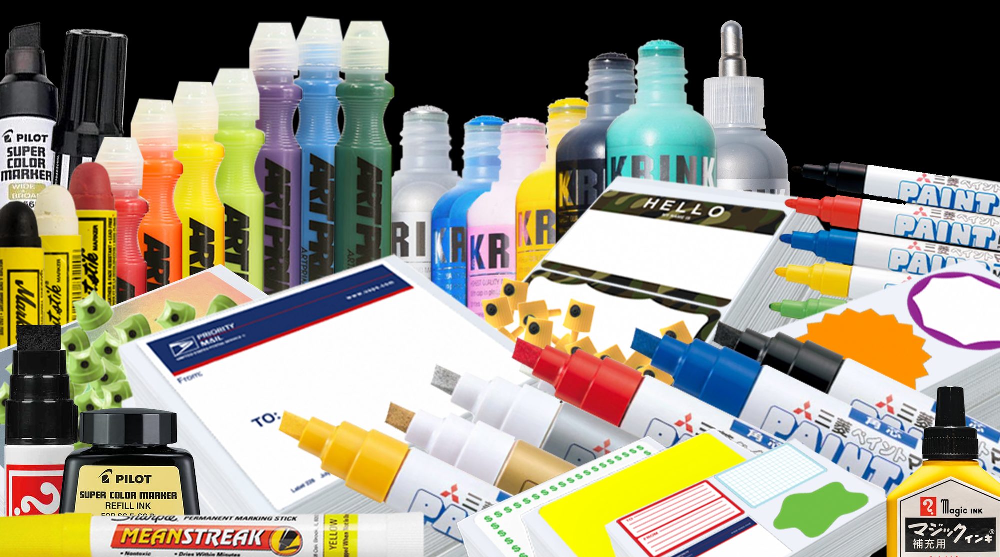 Krink, Molotow, Pilot and Uni markers, inks and egg shell sticker blanks on clearance